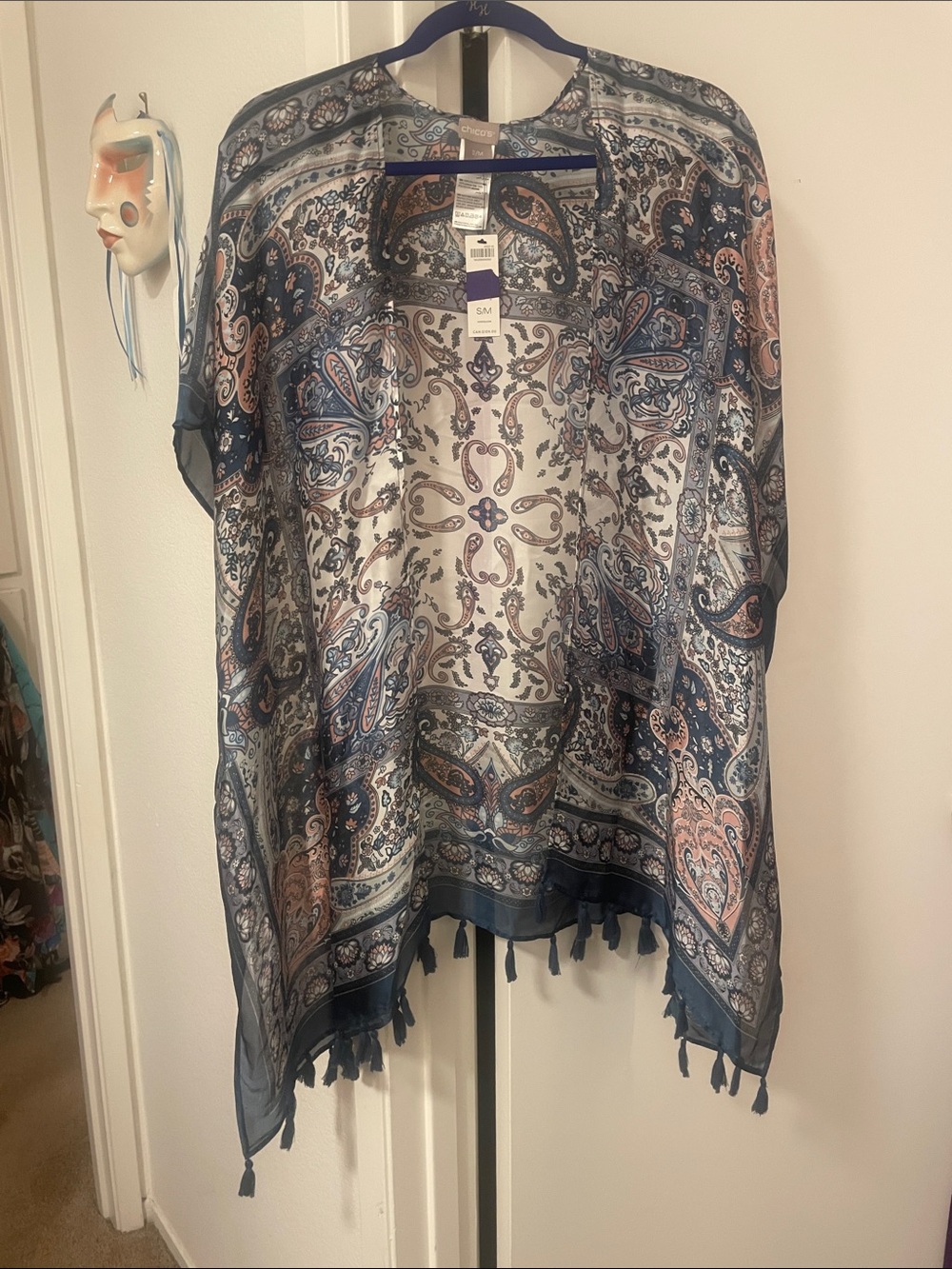 Chico's Navy, Cream and Blush Paisley Sheer Cover-Up with Tassels